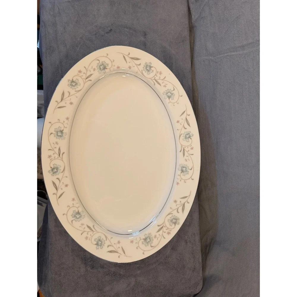 English Garden Fine China 1221 Oval Serving Platter Blue Pink Floral Japan 14in